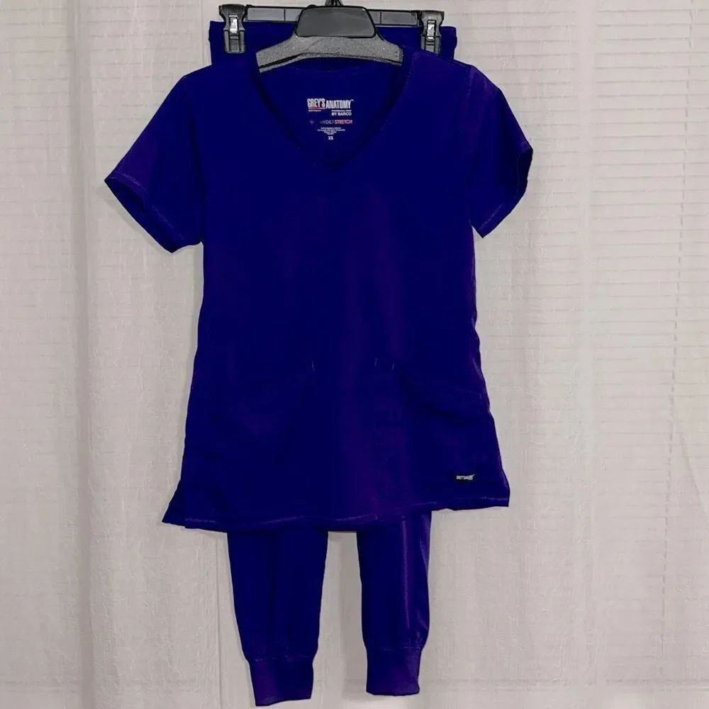 Grey’s Anatomy XS Purple Scrub Set Short Sleeve V Neck Top & Jogger Bottoms